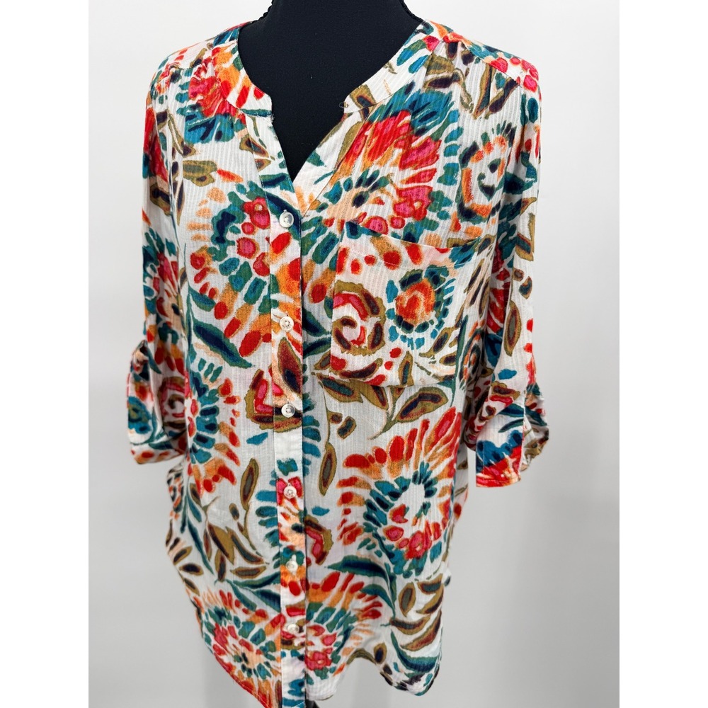 Intro Button Up Top Womens Small Multicolor Floral Modal Roll Tab Excellent